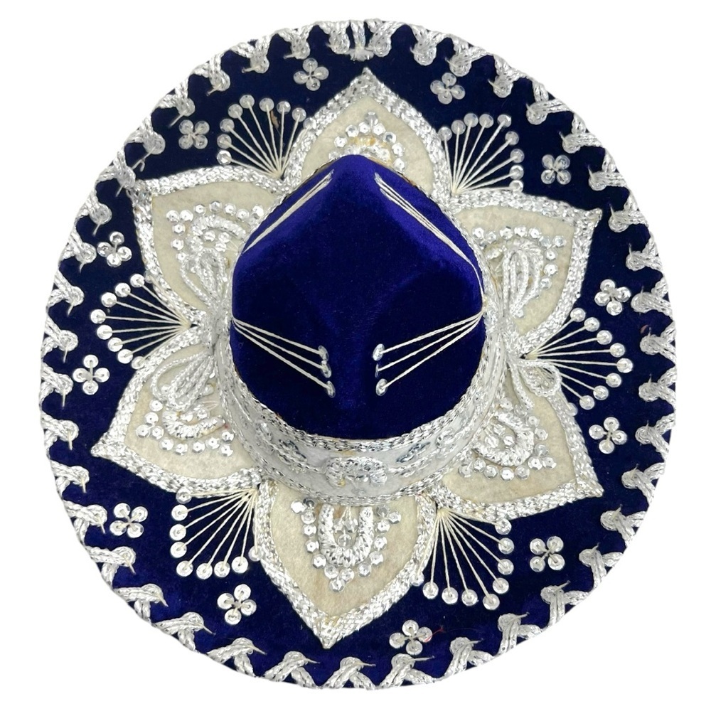 BELRI HATS Mexican Mariachi Sombrero Blue Velvet with Silver & White Embroidery